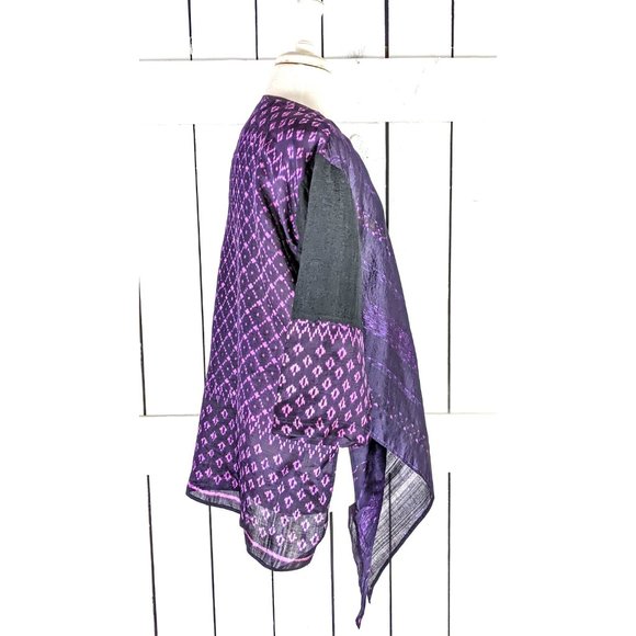 Nuntana Chiang Mai purple Thai silk Ikat tribal print long sleeve wrap blouse - Picture 4 of 8